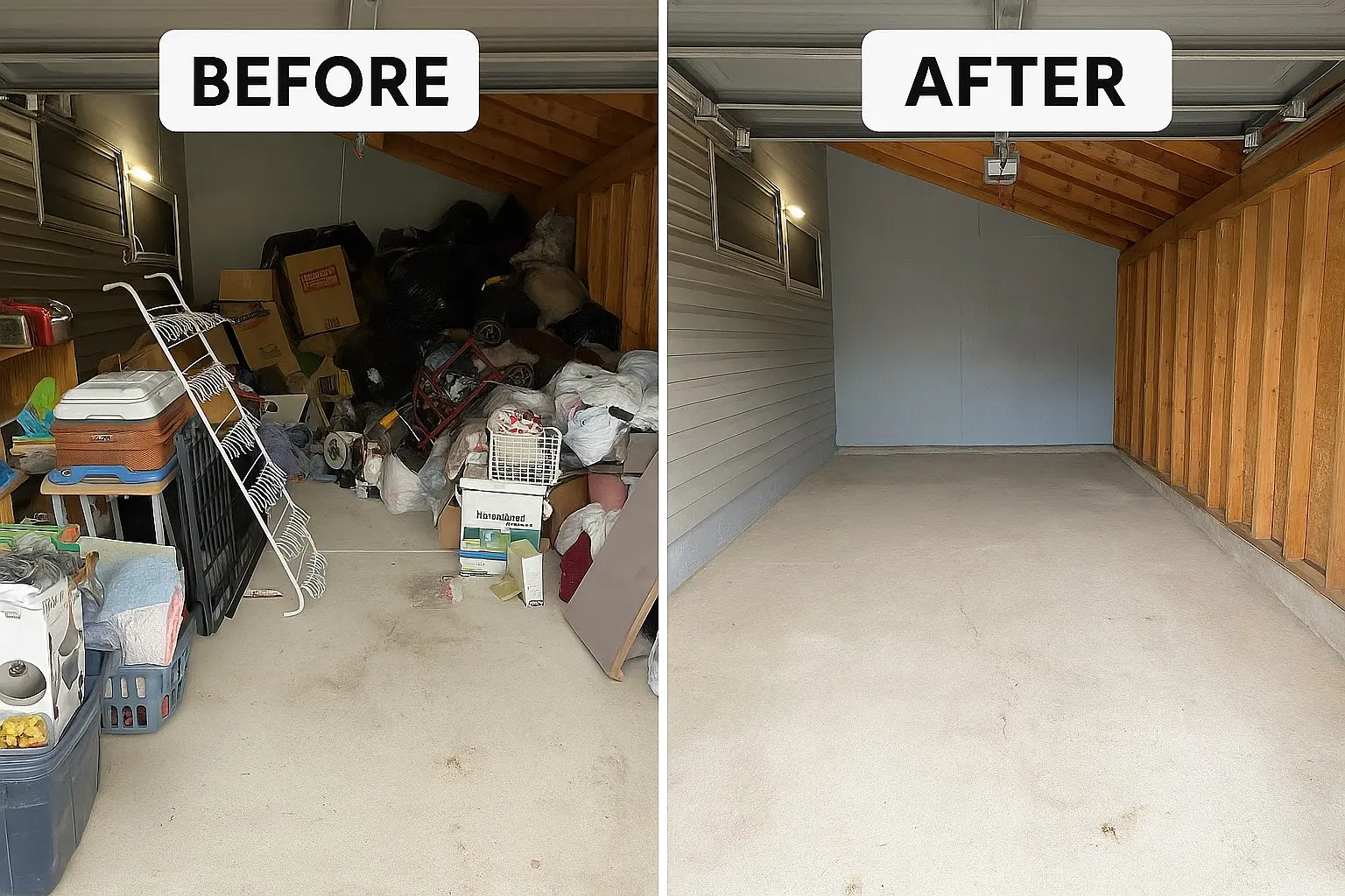 Before and after view of a cluttered garage after junk removal