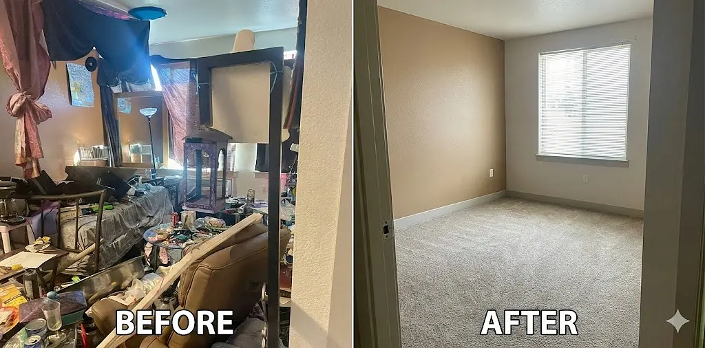 Before and after view of a Denver hoarder cleanout coordinated with Lowry Place