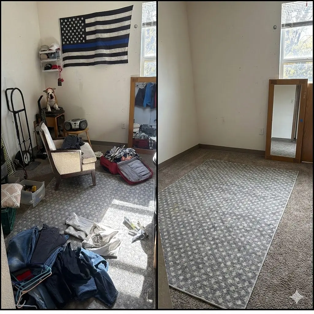 Before and after room cleanout showing a fully cleared space