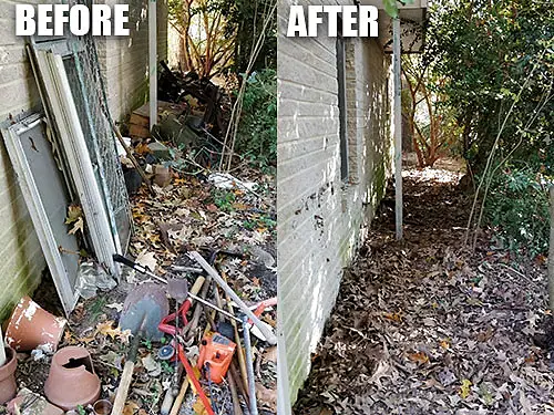 Before and after view of debris removed from a side yard