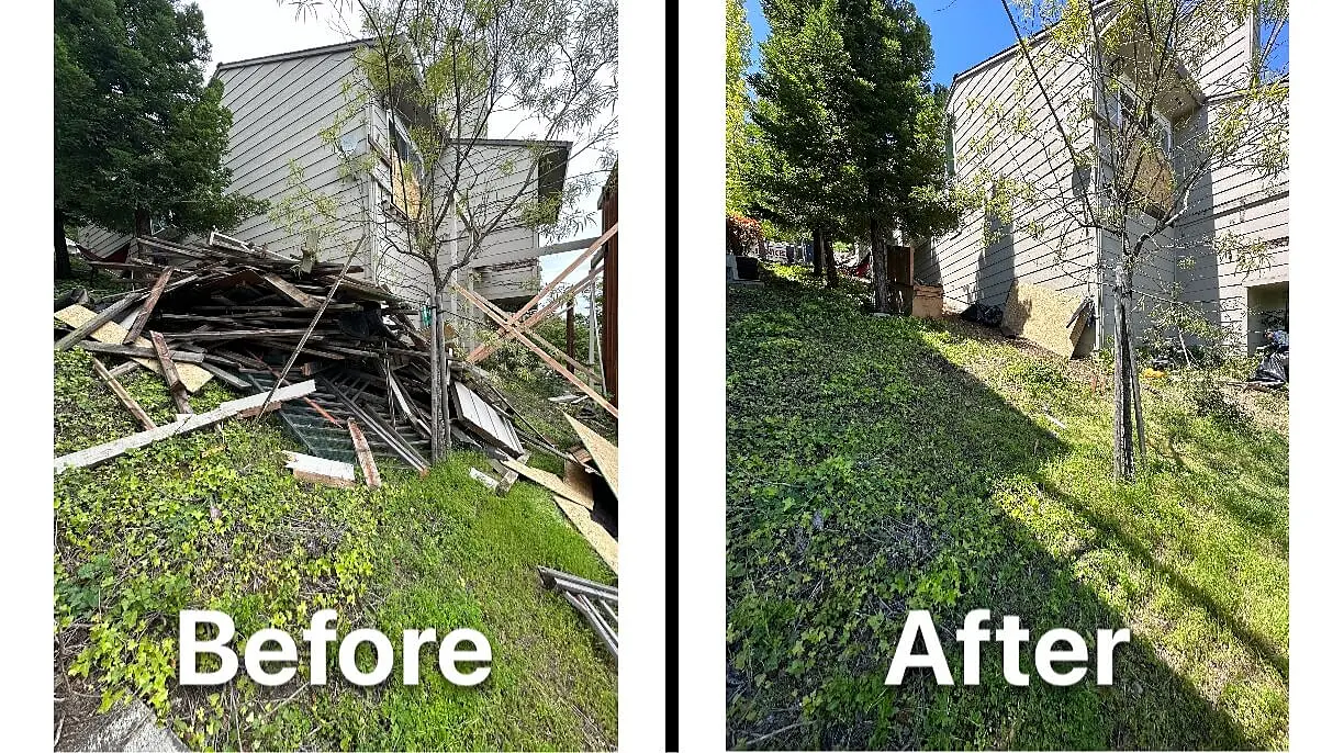 Before and after view of a large yard debris pile