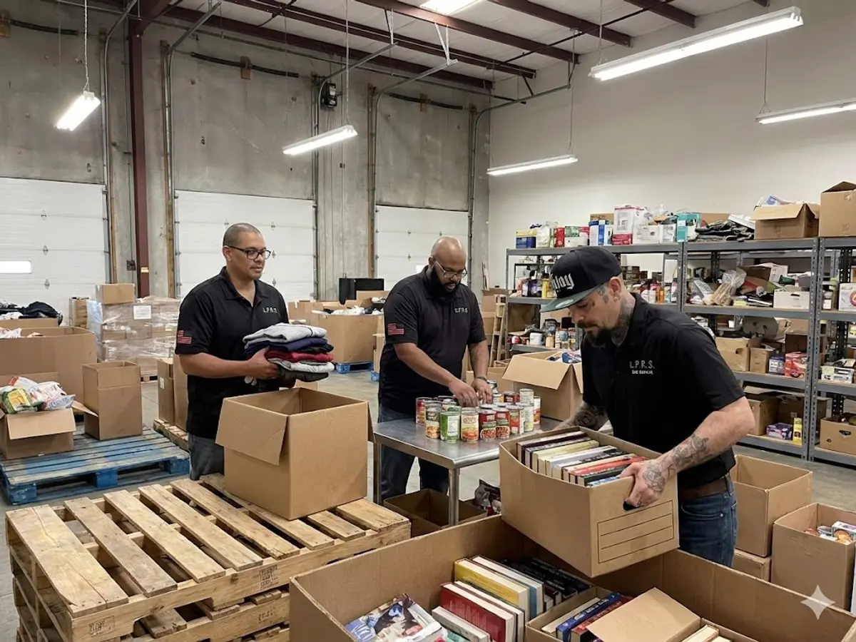 Lowry Place partner team sorting reusable goods for donation